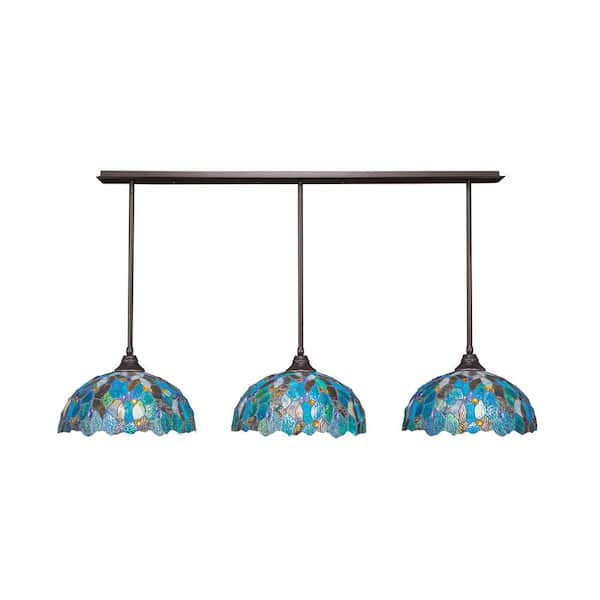 Unbranded Livingston 100-Watt 3 Light Dark Granite Linear Pendant Light with 16 in. Art Glass Glass Shades No Bulbs Included