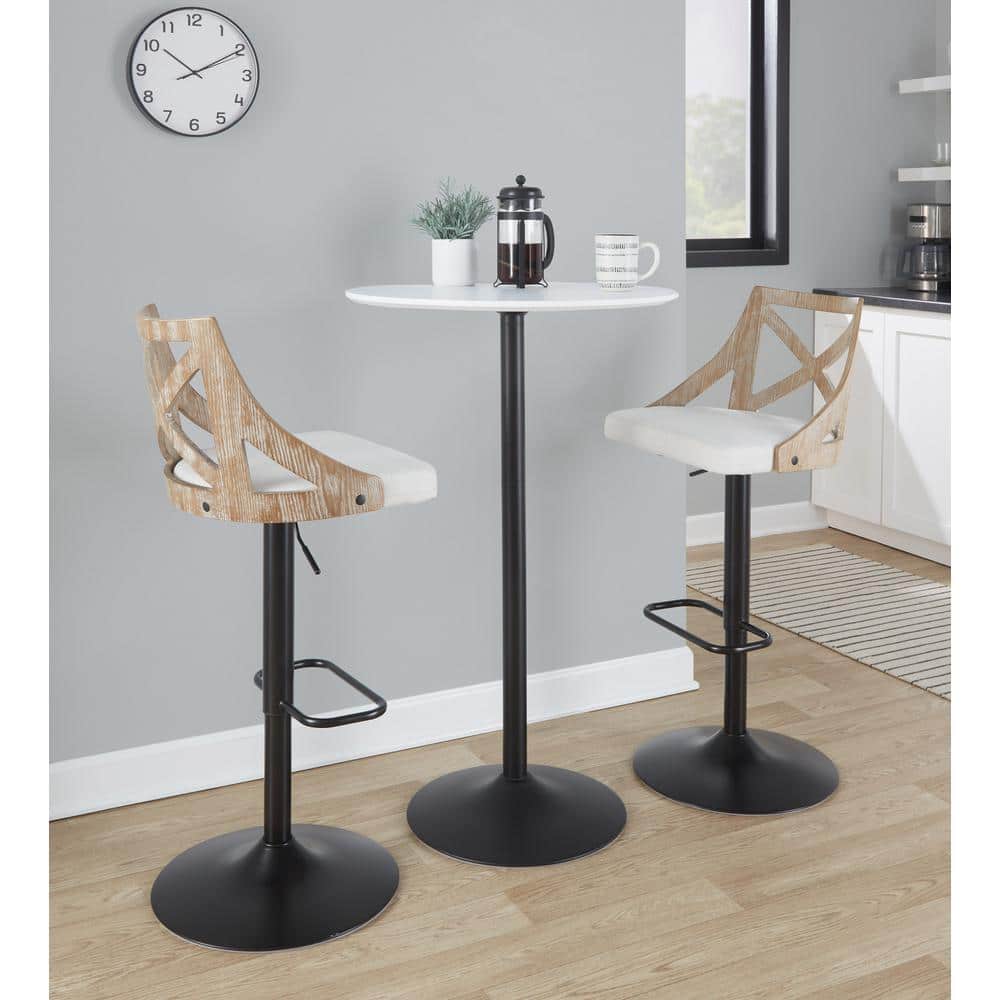 Adjustable Round White Wood and Black Metal Bar Table