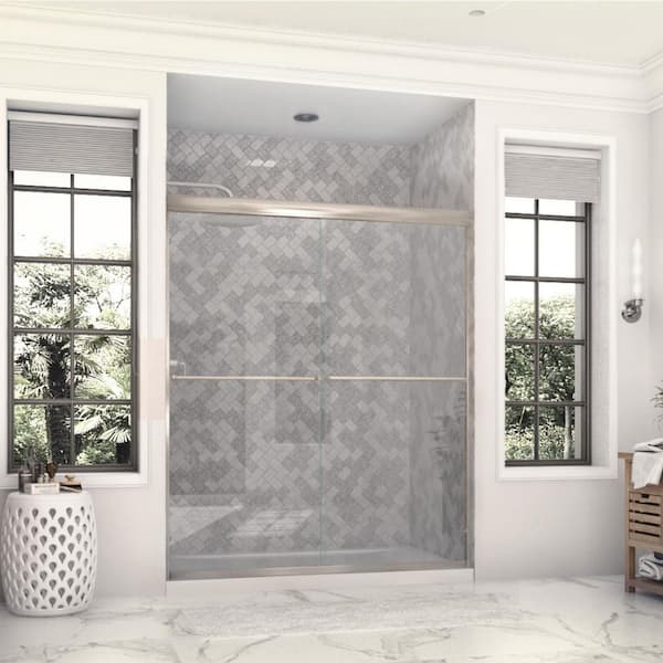 Eurolite 58 in. W x 70.5 in. H Sliding Bypass Frameless Shower Door in Brushed Nickel with 3/8 in. (10mm) Clear Glass