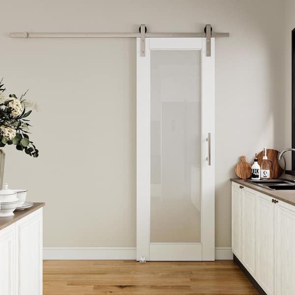 28 in. x 96 in. 1 Lite Tempered Frosted Glass White Finished MDF Sliding Barn Door with Hardware Kit Nickel Plated