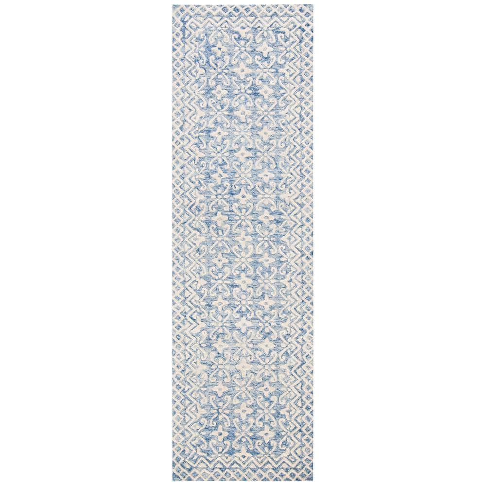 Hand-Tufted Blue Ivory Floral Wool Runner Rug 27" x 84"