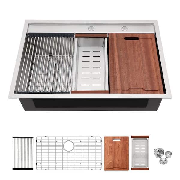33 in. Drop-in Single Bowl 16 Gauge Brushed Nickel Stainless Steel Kitchen Sink with Cutting Board and Rolling Up Rack
