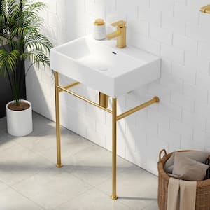 Turner 24 in. Vitreous China White Console Sink Basin and Brushed Gold Stainless Steel Legs Combo with Overflow