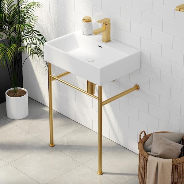 Eridanus Turner 24 in. Vitreous China White Console Sink Basin and Brushed Gold Stainless Steel Legs Combo with Overflow
