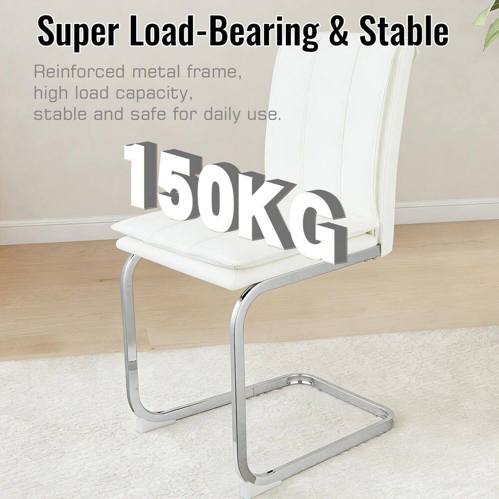 White PU leather dining chair highlighting its 150kg load capacity.