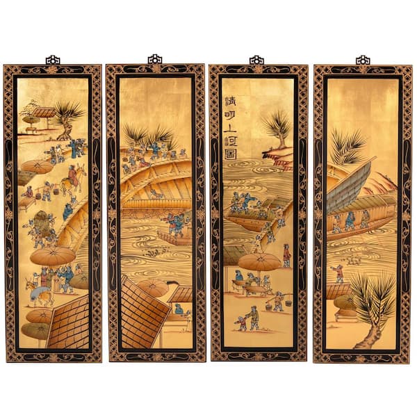 Oriental Furniture 48 in. x 36 in. Gold "Ching Ming" Frameless Wall Art