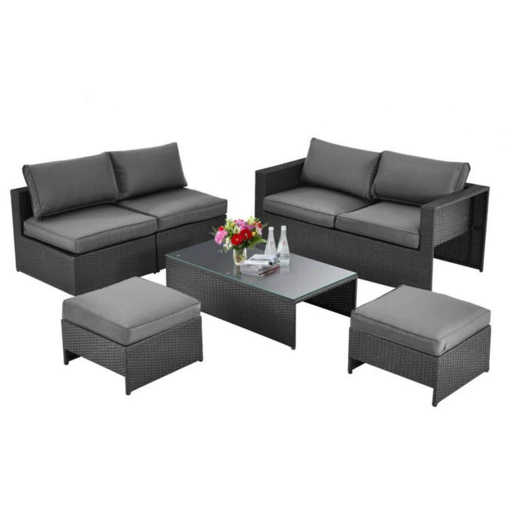 6-Pieces Wicker Patio Conversation Set Rattan Furniture Set with Gray Cushioned Seat and Glass Table price history on PriceWatchPro
