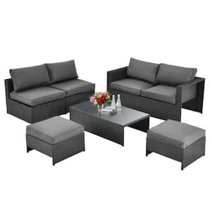 6-Pieces Wicker Patio Conversation Set Rattan Furniture Set with Gray Cushioned Seat and Glass Table