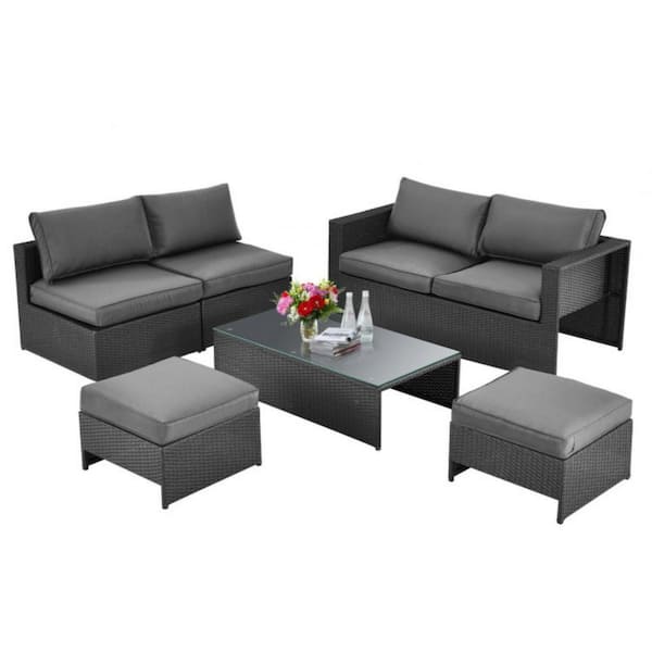 Clihome 6-Pieces Wicker Patio Conversation Set Rattan Furniture Set with Gray Cushioned Seat and Glass Table