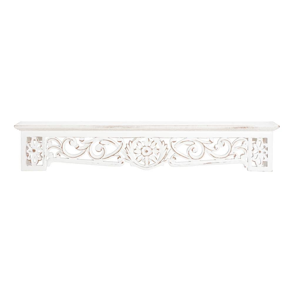 Morris White Hand Carved Wood Floating Wall Shelf, 30"