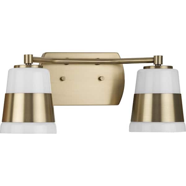 Progress Lighting Haven Collection 16 in. 2-Light Vintage Brass Opal Glass Luxe Industrial Vanity Light