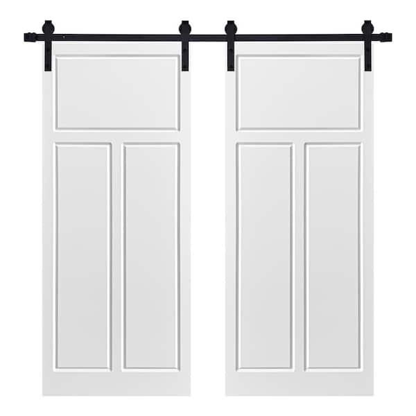 AIOPOP HOME Modern THREE PANEL Designed 64 in. x 84 in. MDF Panel White Painted Double Sliding Barn Door with Hardware Kit