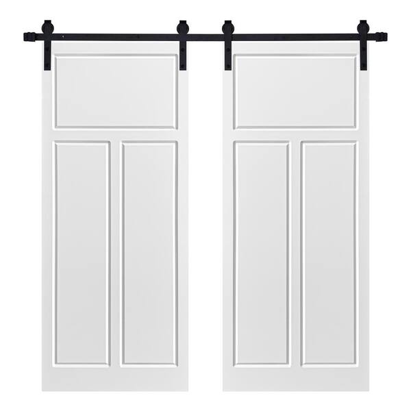 AIOPOP HOME Modern THREE PANEL Designed 72 in. x 80 in. MDF Panel White Painted Double Sliding Barn Door with Hardware Kit