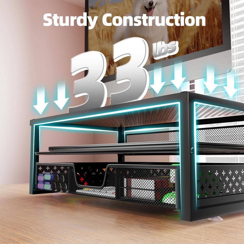 Black Metal Mesh Monitor Stand with Storage Drawers