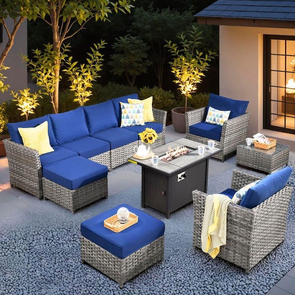 Eufaula Gray 10-Piece Wicker Modern Outdoor Patio Conversation Sofa Set with a Steel Fire Pit and Navy Blue Cushions