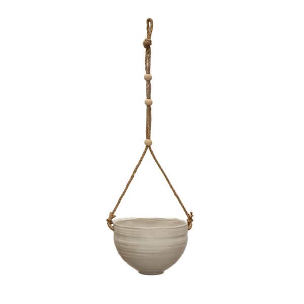 Storied Home White Hanging Stoneware Planter with Wood Beaded Rope