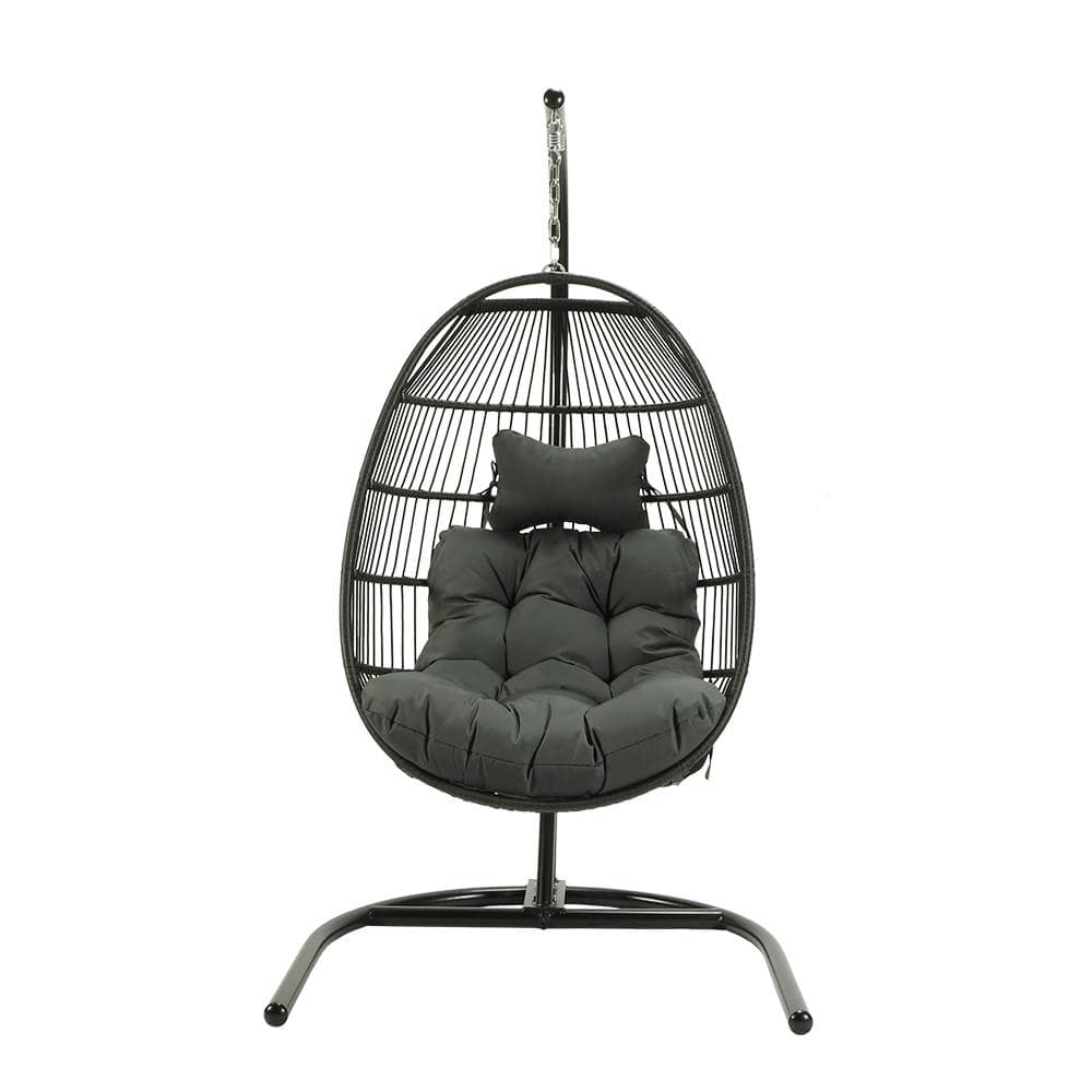 78 in. Wicker Single Egg Shape Patio Swing Chair with Light Gray Cushion