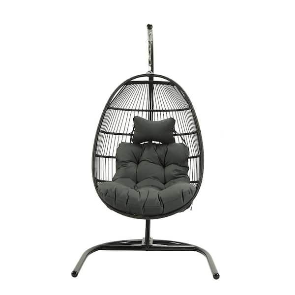 waelph Outdoor Indoor Wicker Swing Bracket Egg Hanging Chair with Gray Cushion