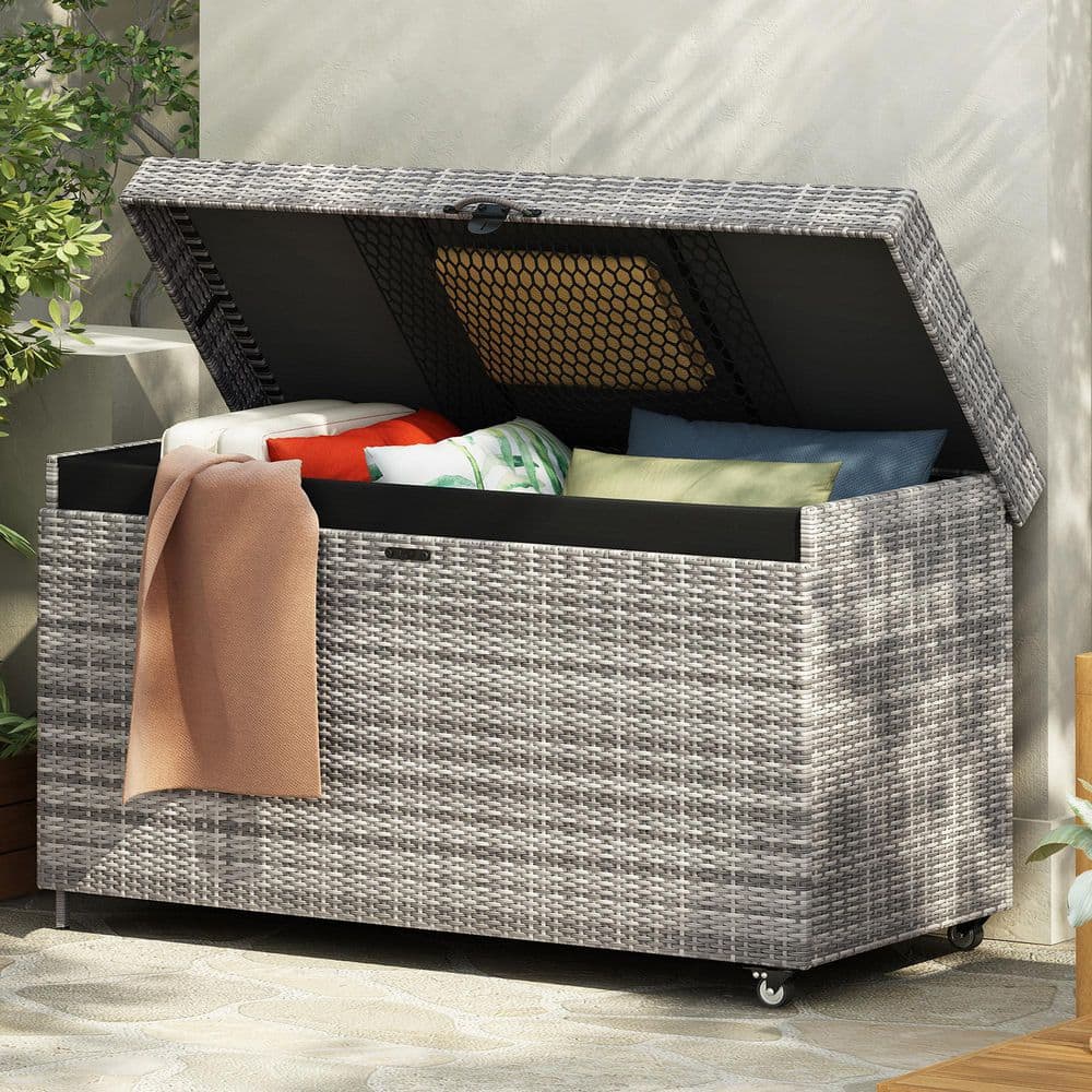 200 Gal. Grey Wicker Outdoor Deck Box with Wheels, All-Weather Storage Bin 