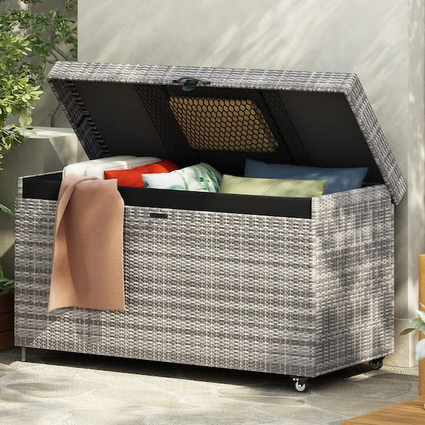 200 Gal. Grey Wicker Outdoor Deck Box with Wheels, All-Weather Storage Bin Storage Box for Outdoor Cushions Garden Tools