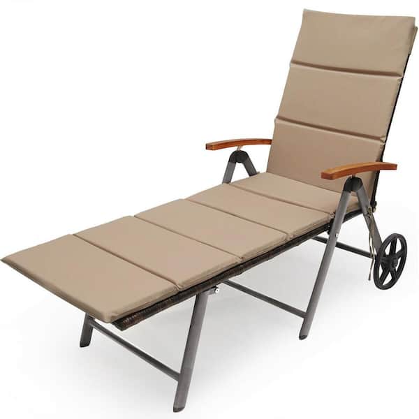 Unbranded One Piece Foldable Wicker Outdoor Chaise Lounge Recliner Chair with Light Brown Cushion And Aluminum Frame