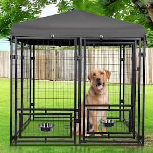 4.5 ft. x 4.5 ft. x 4.8 ft. Heavy Duty Metal Dog Cage Outside Dog Enclosure with Lockable Door 2 Bowl Holders and Bowls