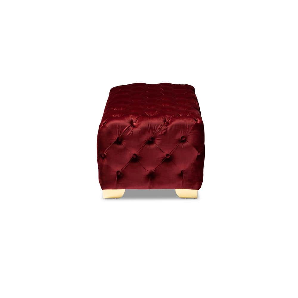 Avara Burgundy Velvet Button Tufted Bench Ottoman with Gold Legs