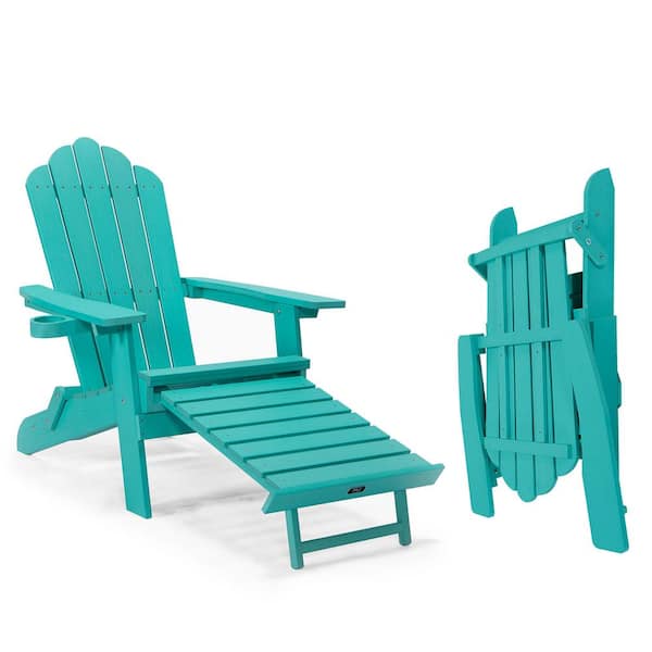 Tenleaf Ergonomic Fan-Back Design Green Oversized Folding Composite Adirondack Chairs with Pullout Ottoman and Cup Holder
