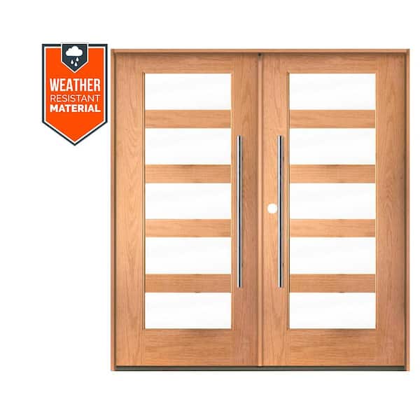 Faux Pivot 72 in. x 79 in. Right-Active/Inswing 5 Lite Clear Glass Teak Stain Double Fiberglass Prehung Front Door
