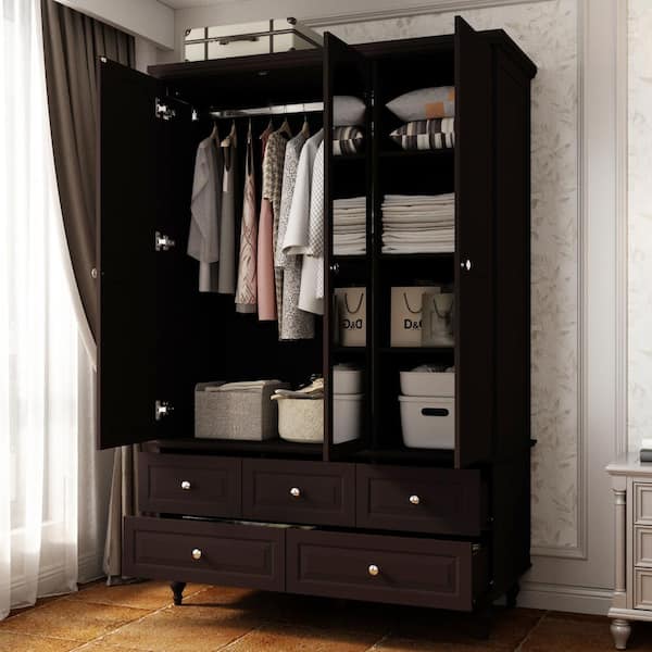 Black Paint 47.2 in. W Big Wardrobe Armoires W/Mirror, Hanging Rod, Drawers, Adjustable Shelves 70.9 in. H x 20 in. D