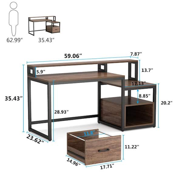 BYBLIGHT 47 in. Retangular Particle Board Brown 1-Drawer Drafting