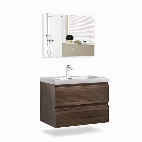 Wall-Mounted 24 in. W x 19 in. D x 20 in. H. Bath Vanity in Grey Oak with White Solid Surface Top with White Basin