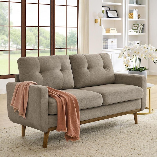67.7 in. Mid-Century Modern Camel Polyester Upholstered Tufted 2-Seater Loveseat Sofa With Wooden Legs