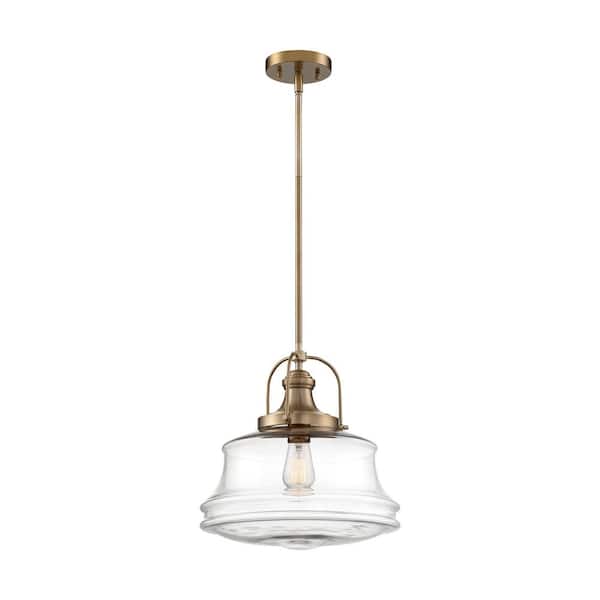 SATCO Basel 100-Watt 1-Light Burnished Brass Shaded Pendant Light with Clear Glass Shade, No Bulbs Included