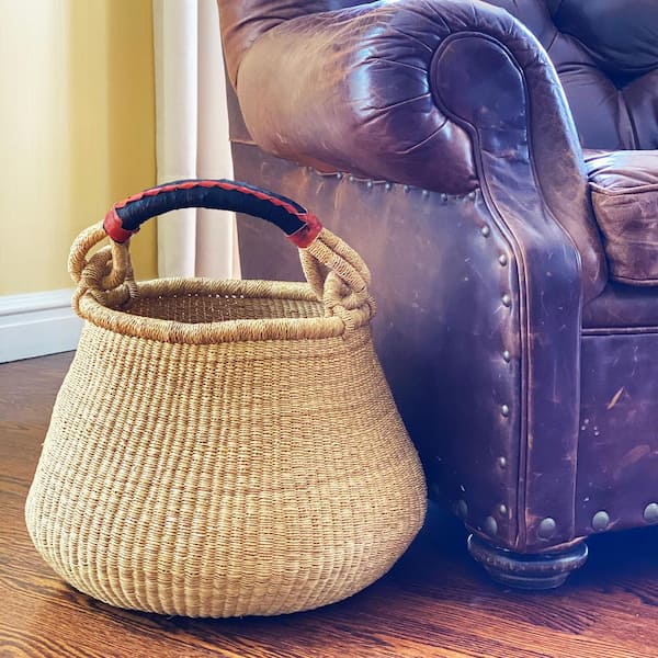 Global Crafts Natural with Leather Handle Bolga Pot Elephant Grass Basket
