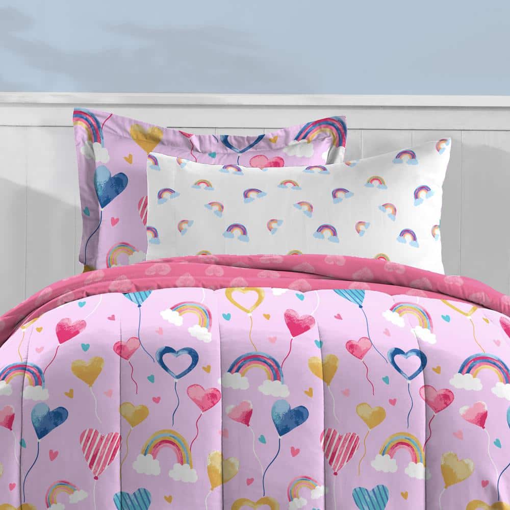 Pink Hearts and Rainbows Twin Microfiber Bed in a Bag Set