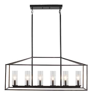 6-Light Black and Wood Grain Geometric Candlestick Linear Island Chandelier Lighting with Glass Shade for Kitchen Island