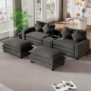 112.6" Chenille Modern Sectional Sofa in Black with 2 Removable Ottoman, USB Ports, Cup Holders and Storage Box