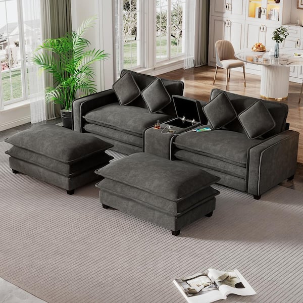 112.6 in. Chenille Sectional Sofa in Dark Gray with 2 Removable Ottomans, USB Ports, Cup Holders, Storage Box