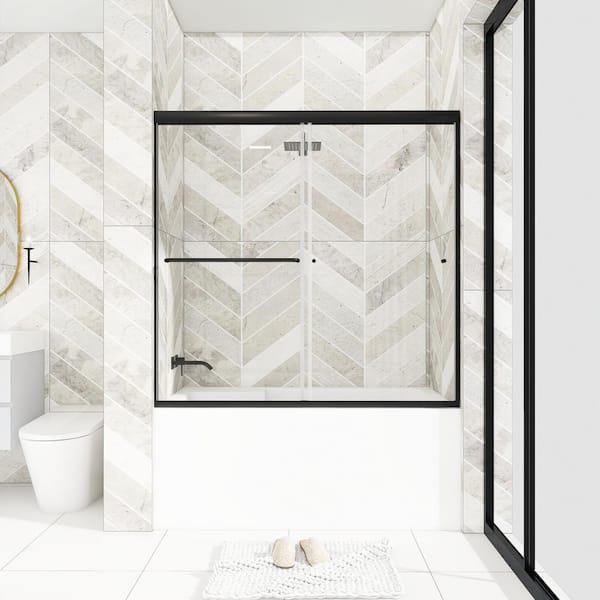 60 in. W x 58 in. H Double Sliding Framed Tub Door in Black Finish