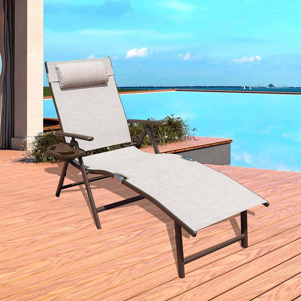 Beige Aluminum Adjustable Outdoor Chaise Lounge with Drink Holder