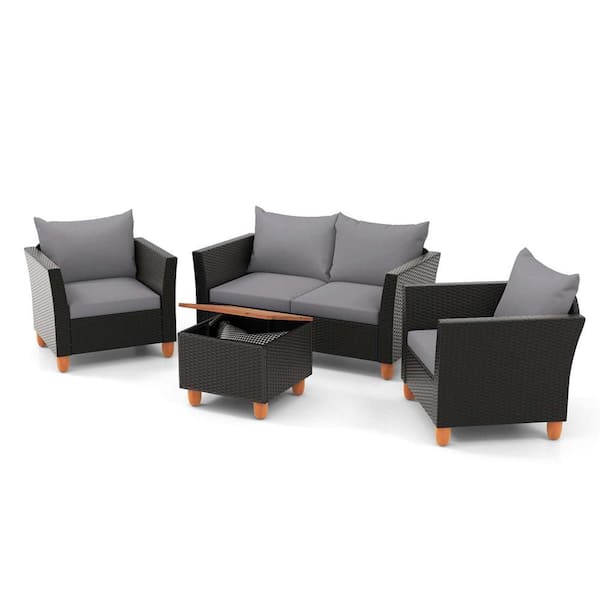 4-Piece Wicker Patio Conversation Set with Removable Gray Cushions Storage Coffee Table