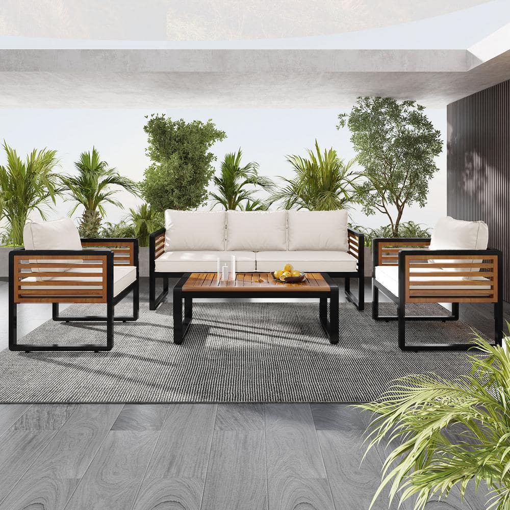 4-Piece Metal Outdoor Patio Conversation Sectional Seating Set with Acacia 