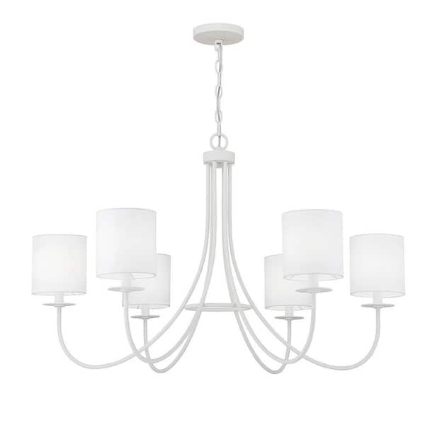 TUXEDO PARK LIGHTING 36 in. W x 23.5 in. H, 6-Light Bisque White Modern Chandelier with White Fabric Shades