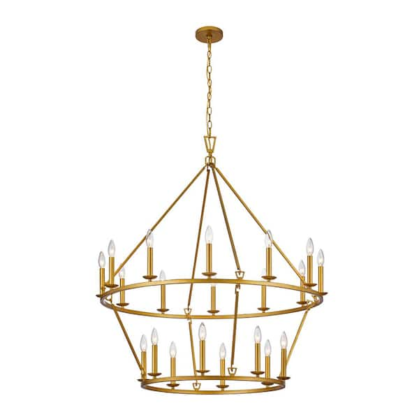 20-Light 40 in. Distressed Gold 2-Tier Wagon Wheel Chandelier