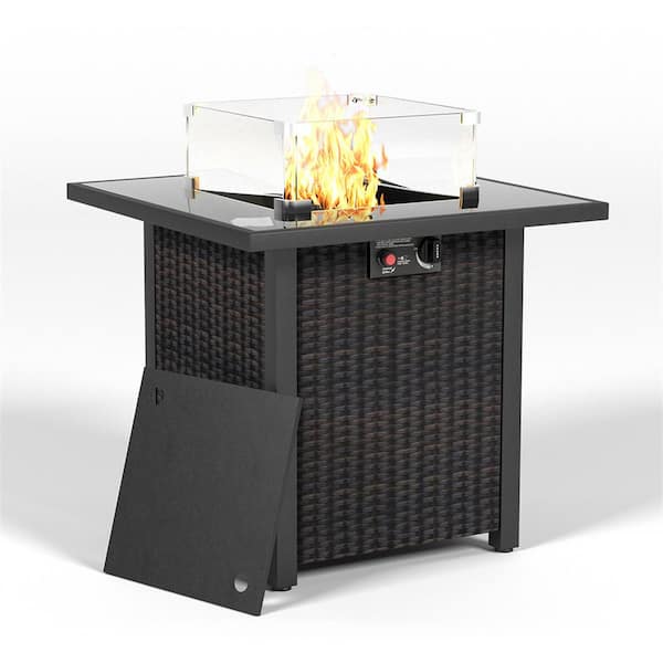 Unbranded 28-Inch Rattan Propane Fire Pit Table with Tempered Glass Top (No fuel)