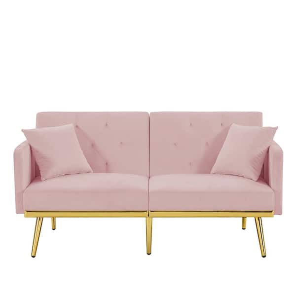Unbranded 59 in. Pink Velvet Upholstered Twin Size Sofa Bed with 2-Pillows Gold Metal Legs 3 Adjustable Positions