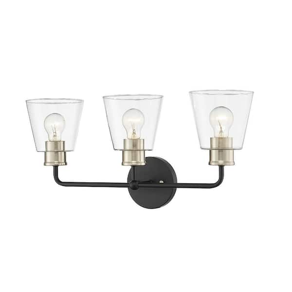 Cameron 23 in. 3-Light Matte Black Modern Gold Vanity Light with Clear Glass