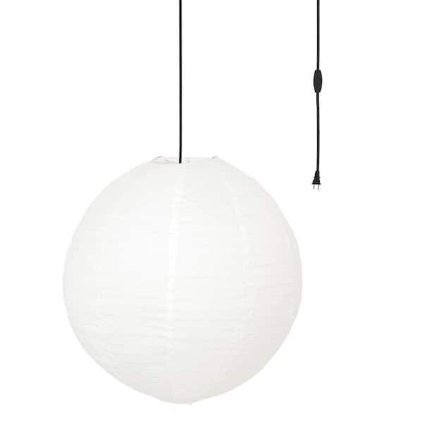 MPG Orb 24 in. 60-Watt 1-Light White Hanging Lantern Pendant-Light with Round Fabric Shade and Black Plug-in