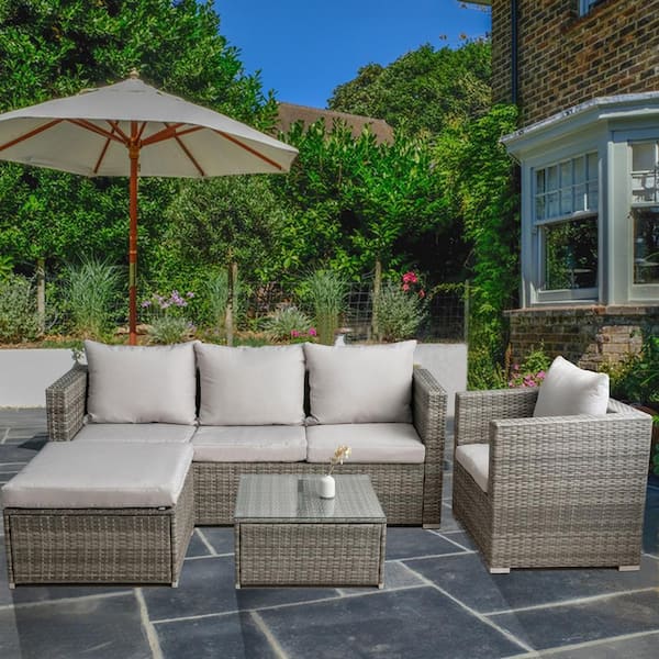 GOOEEN Grey 4-Piece Wicker Patio Furniture Sets Outdoor Sectional Sofa Set with Light Grey Cushions and Table